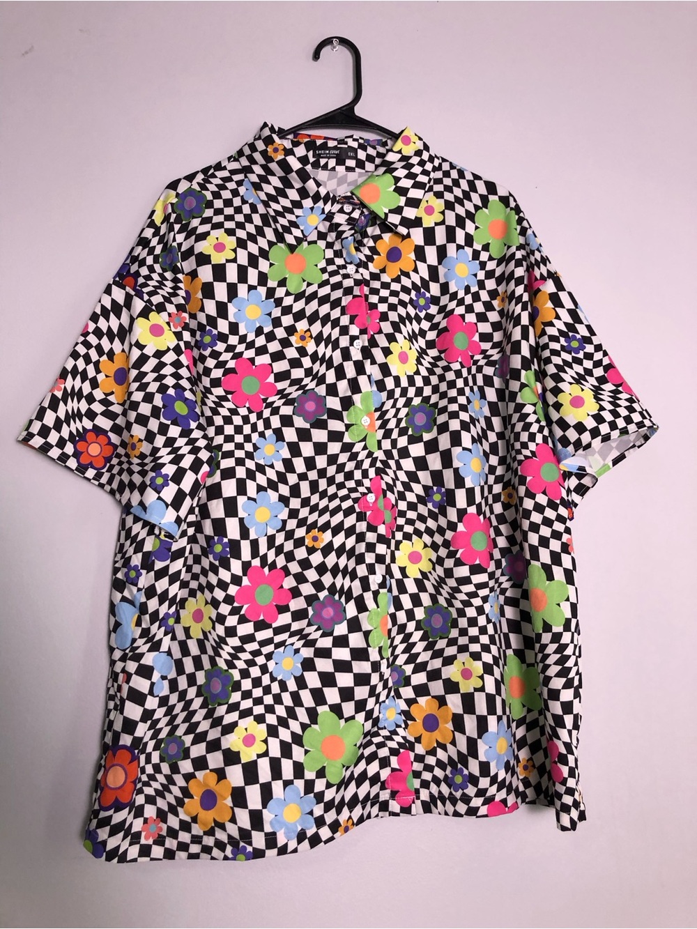 Women’s Short-Sleeve Checkerboard Floral Camp Shirt - Black with Neon Flowers
